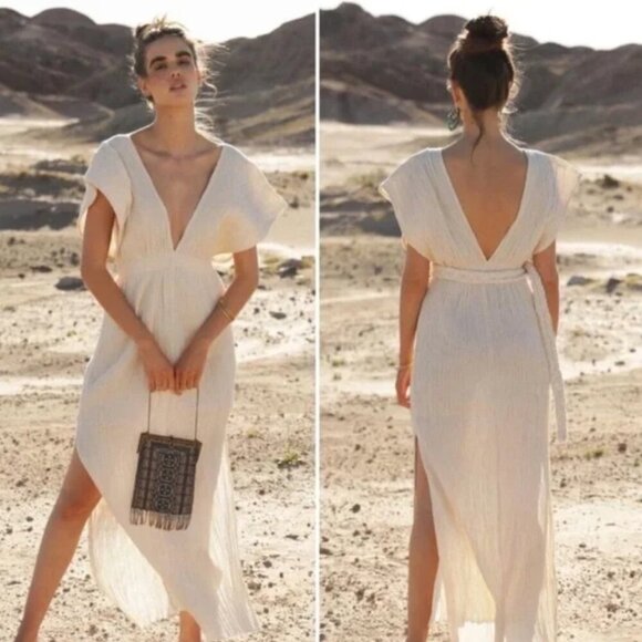 Savannah Morrow The Label The Kamala Crinkle Gauzy Midi Dress in Cream Size M/L